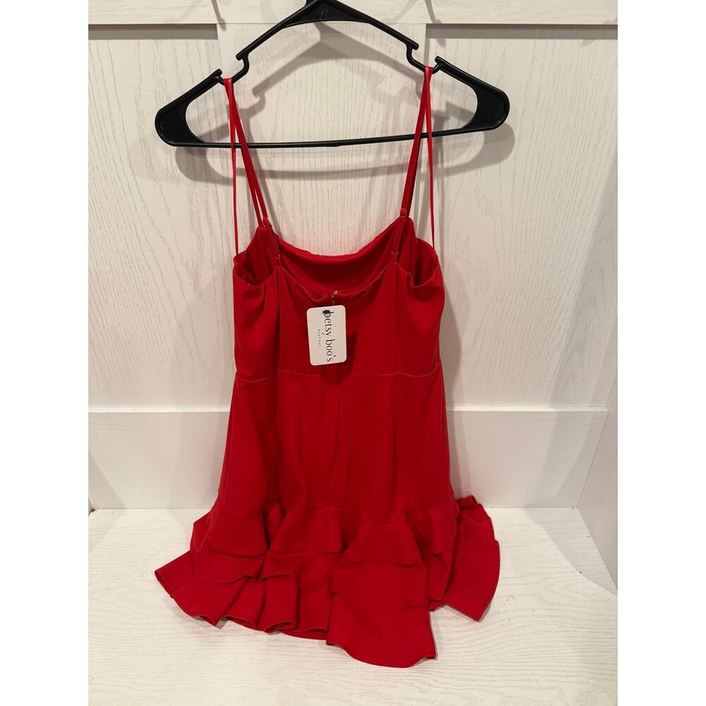 Red Spaghetti-Strap Ruffle Hem Mini Dress - Picture 3 of 3